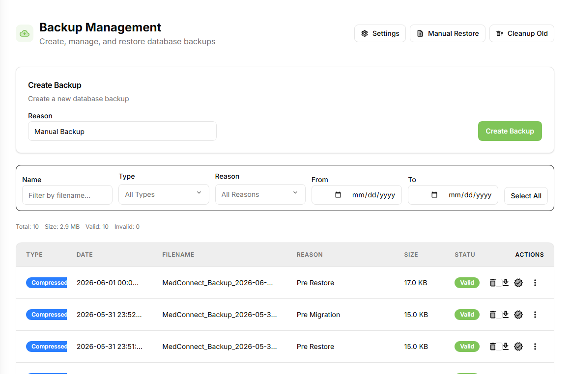 MedConnect backups